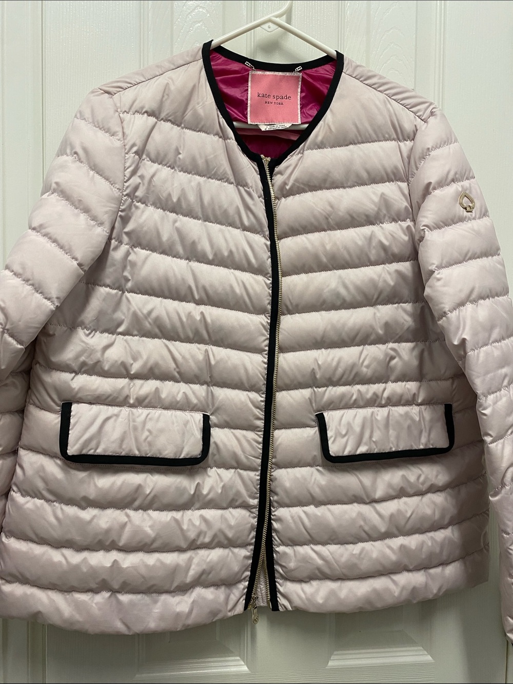 kate spade Light Pink Quilted Packable Puffer Jacket with Black Trim